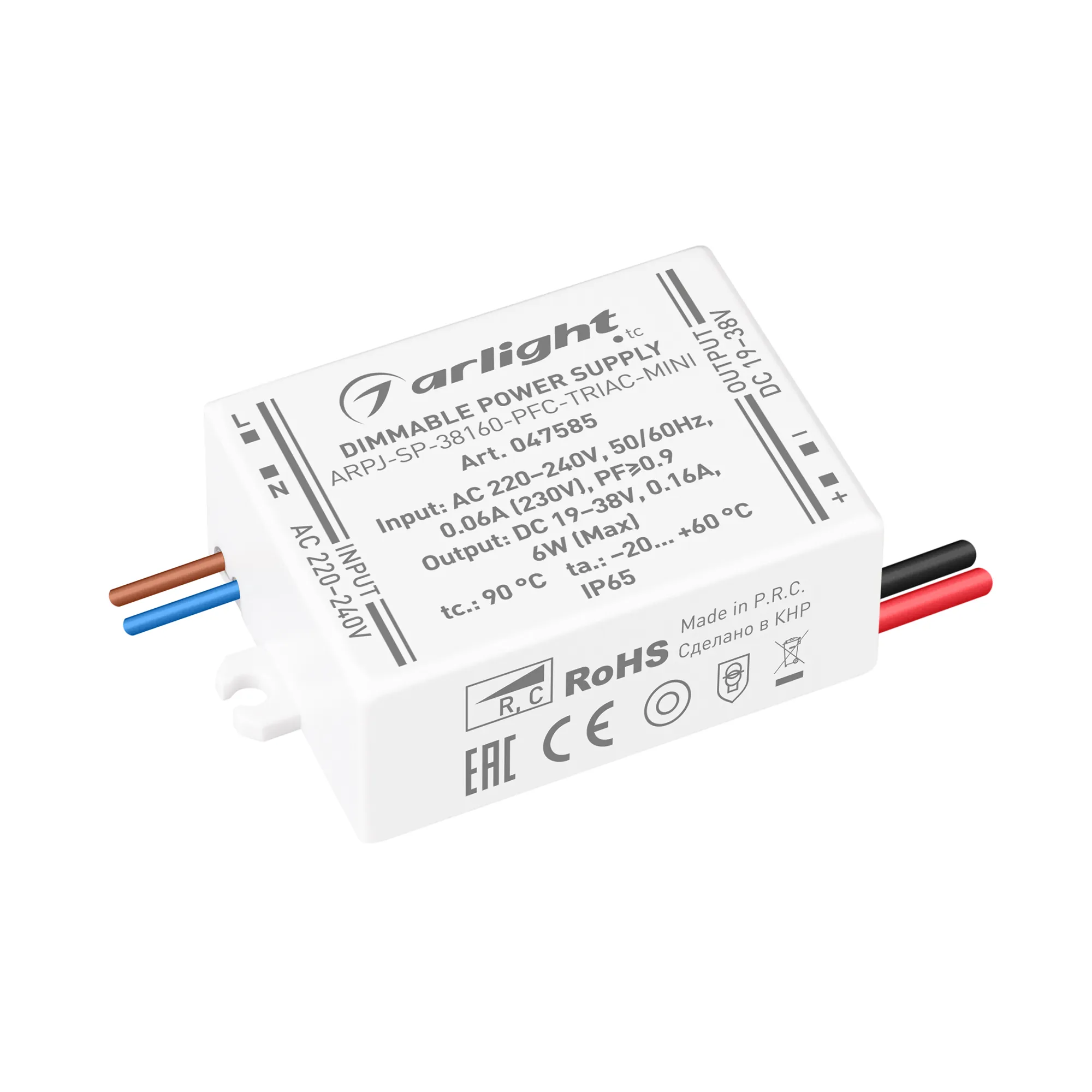 Блок питания ARPJ-SP-38160-PFC-TRIAC-MINI (6W, 19-38V, 160mA) (Arlight, IP65 Пластик, 5 лет) - изображение товара
